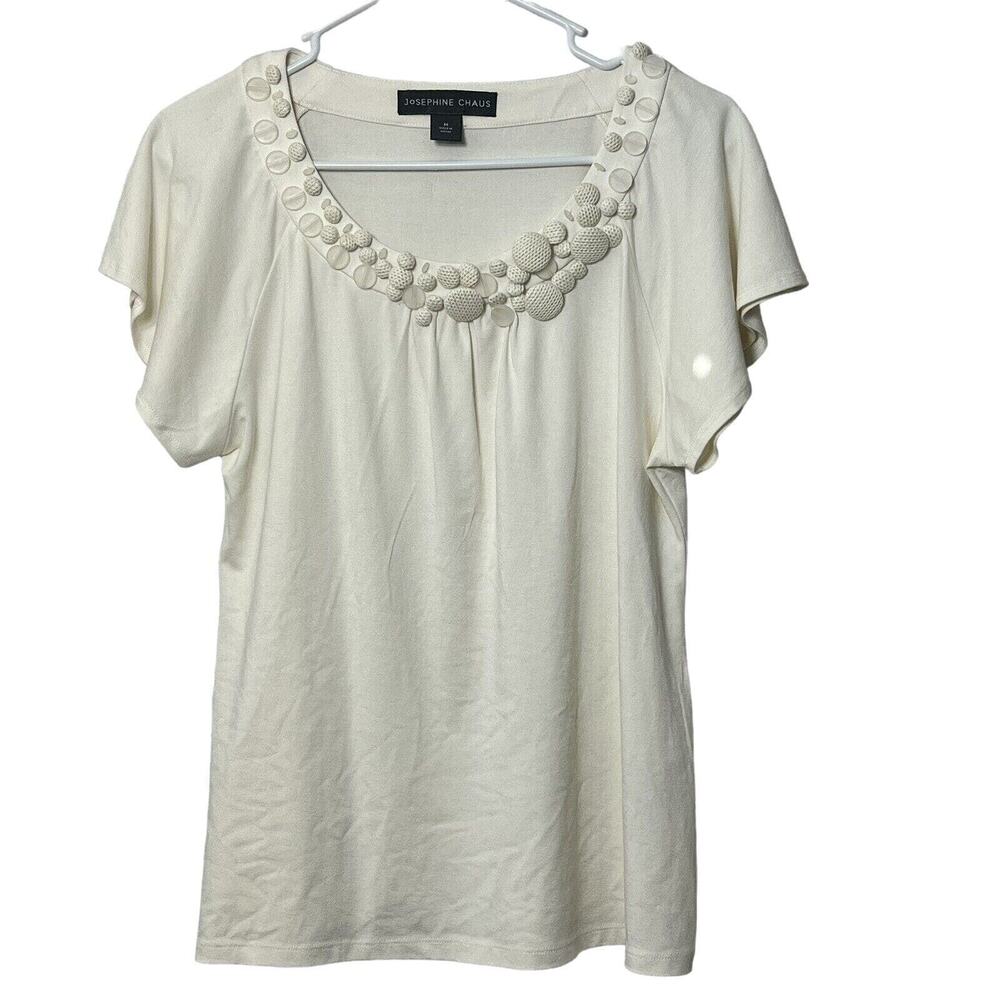 Josephine Chaus Short Sleeve Top Preppy Cream Cottagecore Ivory Size M Boho - Picture 2 of 12